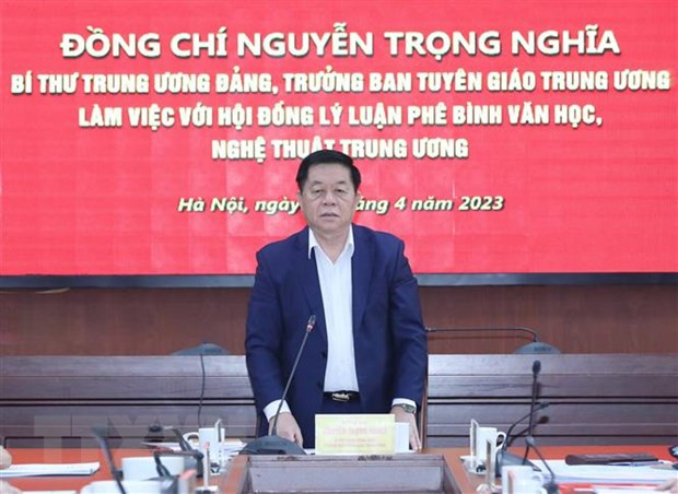Trưởng Ban Tuyên giáo Trung ương Nguyễn Trọng Nghĩa phát biểu chỉ đạo buổi làm việc. (Ảnh: Phương Hoa/TTXVN) Trưởng Ban Tuyên giáo Trung ương Nguyễn Trọng Nghĩa phát biểu chỉ đạo buổi làm việc. (Ảnh: Phương Hoa/TTXVN)