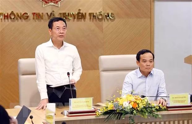 Bộ trưởng Bộ Thông tin và Truyền thông Nguyễn Mạnh Hùng phát biểu. (Ảnh: Phạm Kiên/TTXVN)