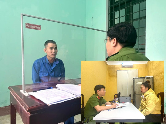 Bị lừa 200 triệu đồng vì lên mạng nhờ thầy xem bói đường tình duyên - Ảnh 1. Võ Hoài Nhơn (ảnh lớn) và Nguyễn Thị Hương (ảnh nhỏ) tại cơ quan công an.