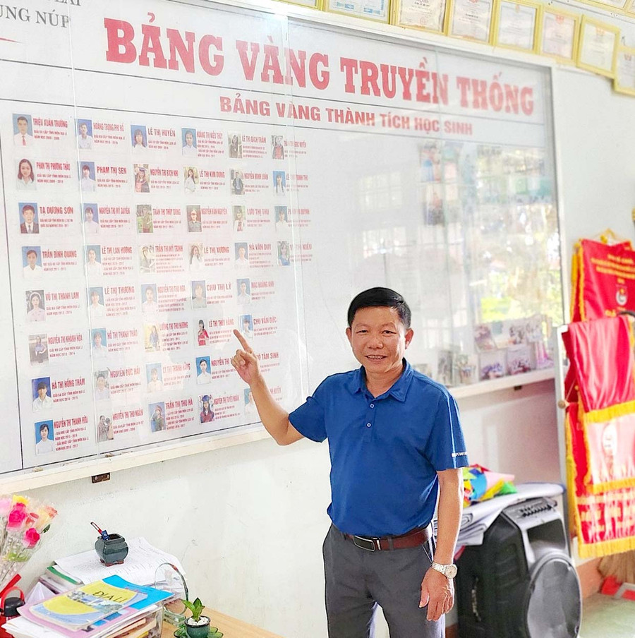 Thầy Lương Thế Hùng-Phó Hiệu trưởng Trường THPT Anh Hùng Núp bên bảng vàng thành tích của học sinh. Ảnh: H.T Thầy Lương Thế Hùng-Phó Hiệu trưởng Trường THPT Anh Hùng Núp bên bảng vàng thành tích của học sinh. Ảnh: H.T