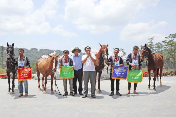 Sau các vòng thi đấu, ban tổ chức đã trao giải nhất, nhì, ba, khuyến khích cho 4 con ngựa và nài ngựa xuất sắc nhất. Ảnh: ĐOÀN KIÊN