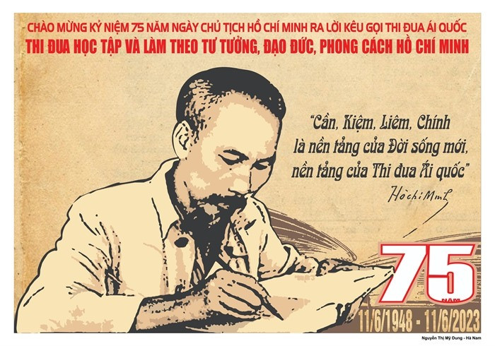Tranh Cổ động kỷ niệm 75 năm Chủ tịch Hồ Chí Minh ra Lời kêu gọi thi đua ái quốc của tác giả Nguyễn Thị Mỹ Dung (Hà Nam) vừa được phát hành năm 2023. Ảnh: Cục Văn hoá cơ sở (Bộ Văn hoá Thể thao và Du lịch)