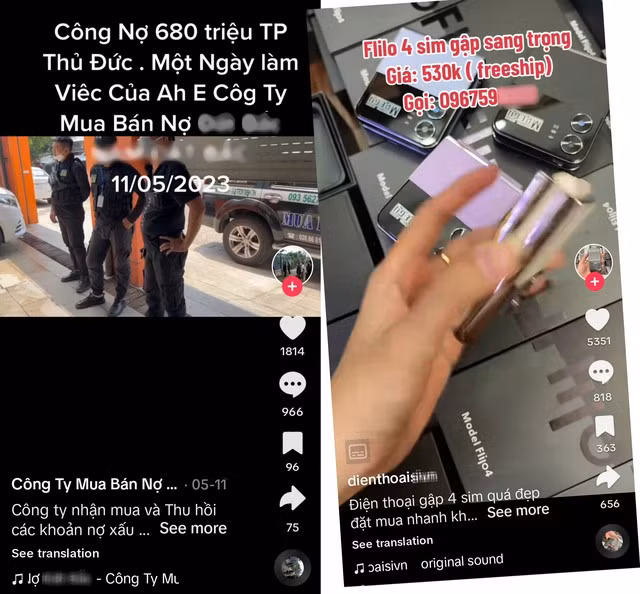 Nhiều nội dung về bán hàng giả, dịch vụ đòi nợ thuê, mại dâm...xuất hiện trên TikTok. Chụp màn hình