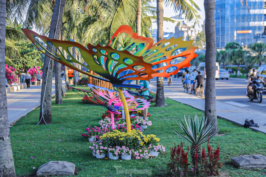 Đường hoa trưng bày các tác phẩm nghệ thuật, cụm trang trí hoa lấy cảm hứng từ các loài hoa rực rỡ sắc màu nhiệt đới được bố trí theo nghệ thuật sắp đặt và hiệu ứng điện chiếu sáng.