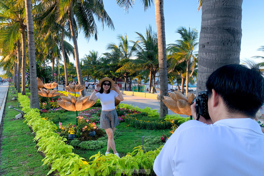 Nhiều du khách thích thú đi dạo trên đường hoa ven biển, cùng nhau tạo dáng, chụp hình. Nhiều du khách thích thú đi dạo trên đường hoa ven biển, cùng nhau tạo dáng, chụp hình.