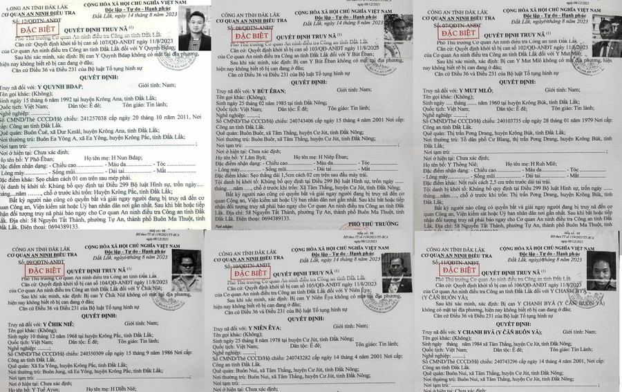 Sáu bị can bị Công an truy nã về tội khủng bố. Ảnh: C.A