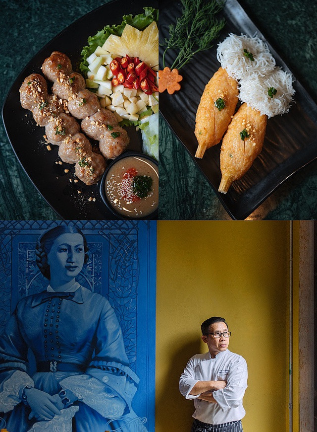 Món nem nướng và chả cá tôm xiên mía, bếp trưởng Thiên Đường và không gian bên trong nhà hàng. Ảnh: MICHELIN GUIDE