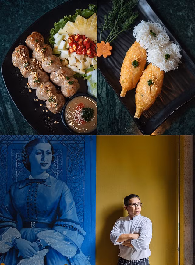 Món nem nướng và chả cá tôm xiên mía, bếp trưởng Thiên Đường và không gian bên trong nhà hàng. Ảnh: MICHELIN GUIDE