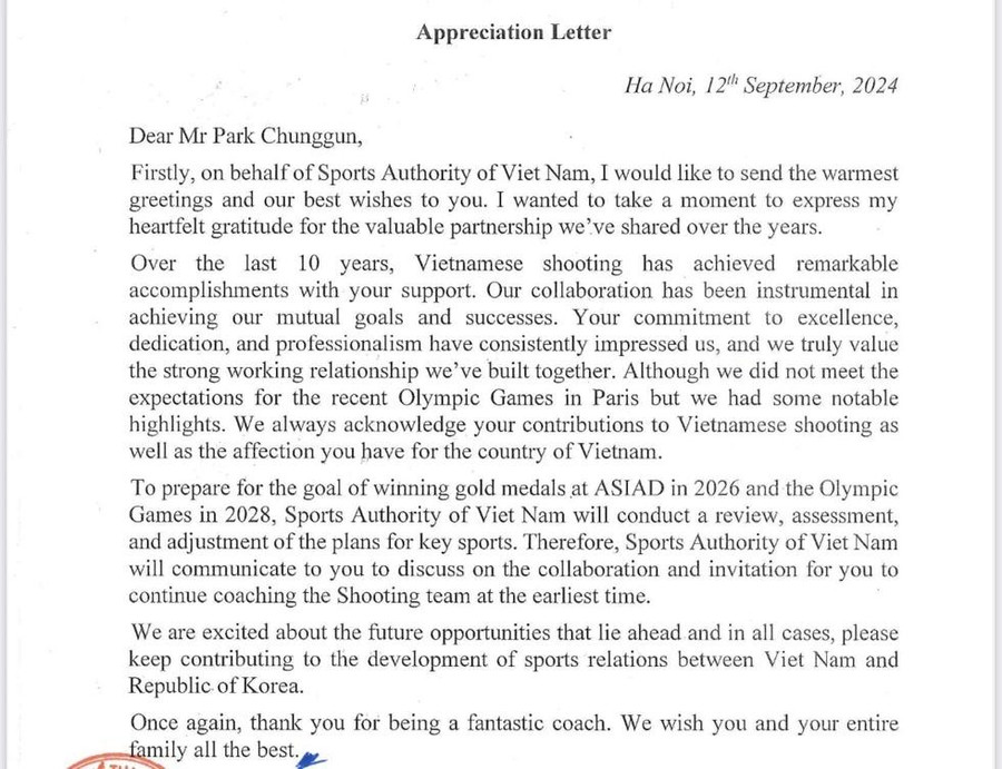 Nội dung thư của ngành thể thao gửi ông Park Chung-gun Nội dung thư của ngành thể thao gửi ông Park Chung-gun