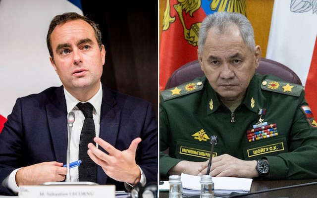 Bộ trưởng Quốc phòng Pháp Sebastien Lecornu (trái) và người đồng cấp Nga Sergei Shoigu. Ảnh: Shutterstock