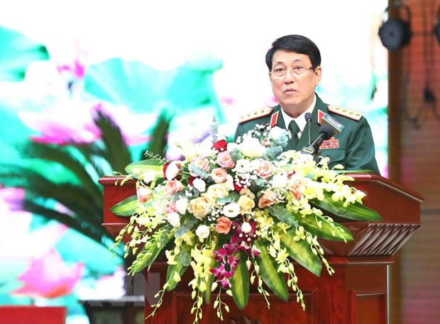 Đại tướng Lương Cường, Ủy viên Thường vụ Quân ủy Trung ương, Chủ nhiệm Tổng cục Chính trị Quân đội Nhân dân Việt Nam phát biểu tại buổi lễ. (Ảnh: Minh Đức/TTXVN)