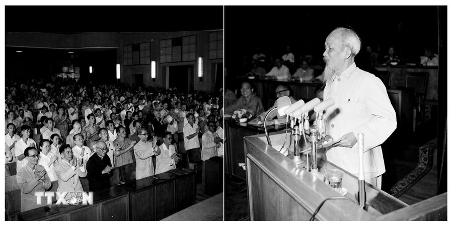 Tại kỳ họp thứ 3, Quốc hội khóa III ngày 16/4/1965, Hồ Chủ tịch phát biểu kêu gọi đồng bào và chiến sỹ cả nước tiến lên quyết tâm đánh thắng giặc Mỹ xâm lược. (Ảnh: TTXVN)