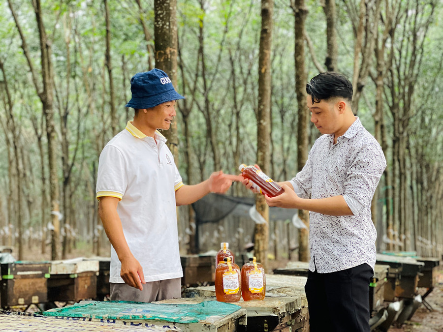 Anh Nguyễn Văn Lập (bìa trái) giới thiệu về quy trình nuôi ong lấy mật. Ảnh: Mai Ka