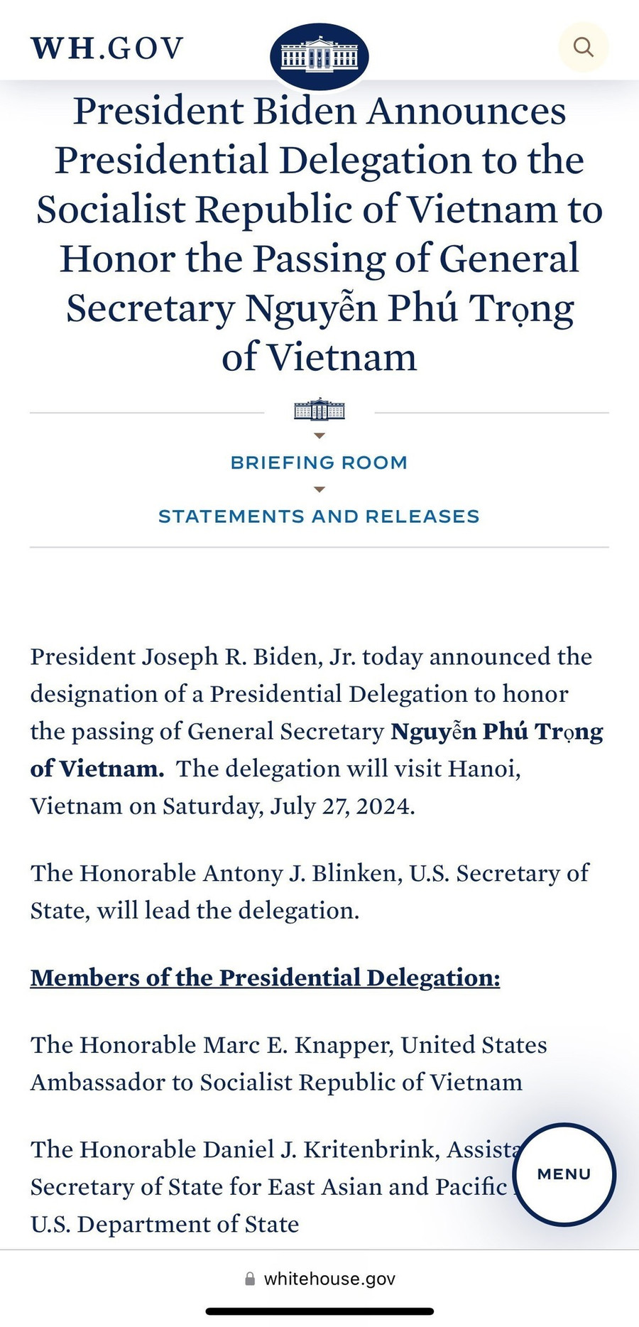 Tuyên bố của Nhà Trắng cử phái đoàn đại diện Tổng thống Hoa Kỳ sang Việt Nam viếng Tổng Bí thư Nguyễn Phú Trọng. (Ảnh: TTXVN phát)