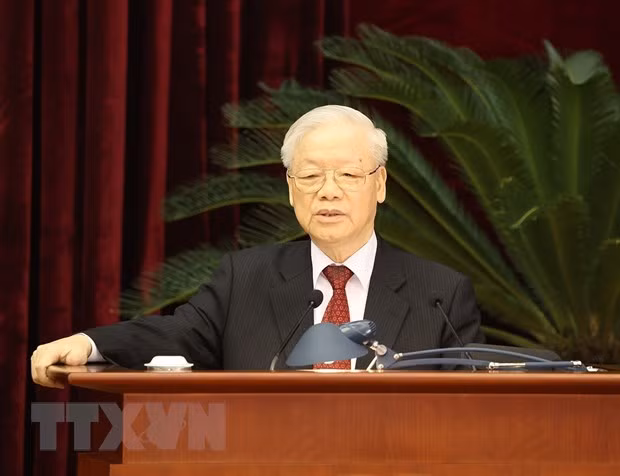 Tổng Bí thư Nguyễn Phú Trọng phát biểu bế mạc Hội nghị lần thứ tám Ban Chấp hành Trung ương Đảng Cộng sản Việt Nam khóa XIII. (Ảnh: Trí Dũng/TTXVN)