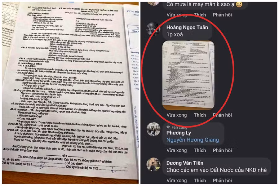 Lộ đề thi môn Ngữ Văn, kỳ thi tốt nghiệp THPT năm 2023 lúc 8h03'. Ảnh: Mạng xã hội Facebook.