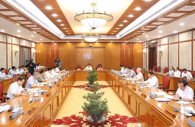 Tổng Bí thư Nguyễn Phú Trọng chủ trì cuộc họp Bộ Chính trị, Ban Bí thư ngày 21/7. (Nguồn: TTXVN)