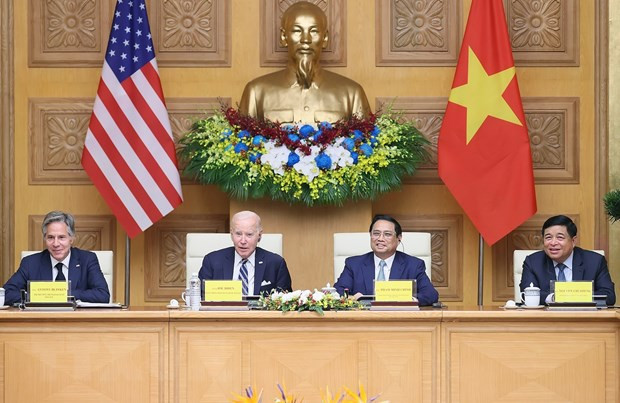 Thủ tướng Phạm Minh Chính và Tổng thống Hoa Kỳ Joe Biden dự Hội nghị cấp cao Việt Nam-Hoa Kỳ về Đổi mới sáng tạo và Đầu tư. (Ảnh: Dương Giang/TTXVN) Thủ tướng Phạm Minh Chính và Tổng thống Hoa Kỳ Joe Biden dự Hội nghị cấp cao Việt Nam-Hoa Kỳ về Đổi mới sáng tạo và Đầu tư. (Ảnh: Dương Giang/TTXVN)