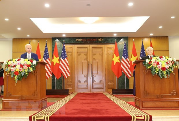 Tổng Bí thư Nguyễn Phú Trọng và Tổng thống Hoa Kỳ Joe Biden tại cuộc họp báo chung. (Ảnh: Trí Dũng/TTXVN) Tổng Bí thư Nguyễn Phú Trọng và Tổng thống Hoa Kỳ Joe Biden tại cuộc họp báo chung. (Ảnh: Trí Dũng/TTXVN)
