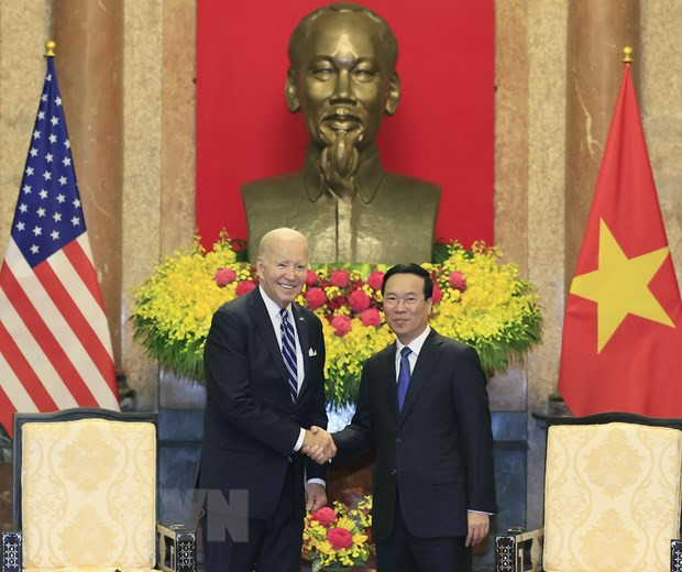 Chủ tịch nước Võ Văn Thưởng tiếp Tổng thống Hoa Kỳ Joe Biden. (Ảnh: Thống Nhất/TTXVN)