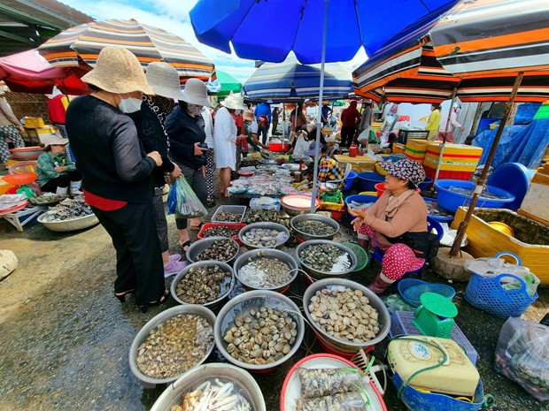 Du khách lựa chọn mua các loại hải sản bán ở chợ Nại. (Ảnh: Nguyễn Thành/TTXVN) Du khách lựa chọn mua các loại hải sản bán ở chợ Nại. (Ảnh: Nguyễn Thành/TTXVN)
