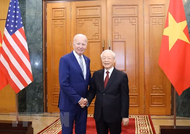 Tổng Bí thư Nguyễn Phú Trọng và Tổng thống Hoa Kỳ Joe Biden trước khi tiến hành hội đàm, chiều 10/9. (Ảnh: Trí Dũng/TTXVN)