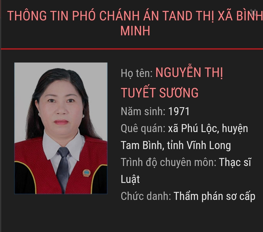 Bắt quả tang Phó chánh án TAND TX.Bình Minh nhận hối lộ - Ảnh 1. Bà Nguyễn Thị Tuyết Sương, Phó chánh án TAND TX.Bình Minh. CHỤP MÀN HÌNH CỔNG THÔNG TIN ĐIỆN TỬ TAND TỈNH VĨNH LONG