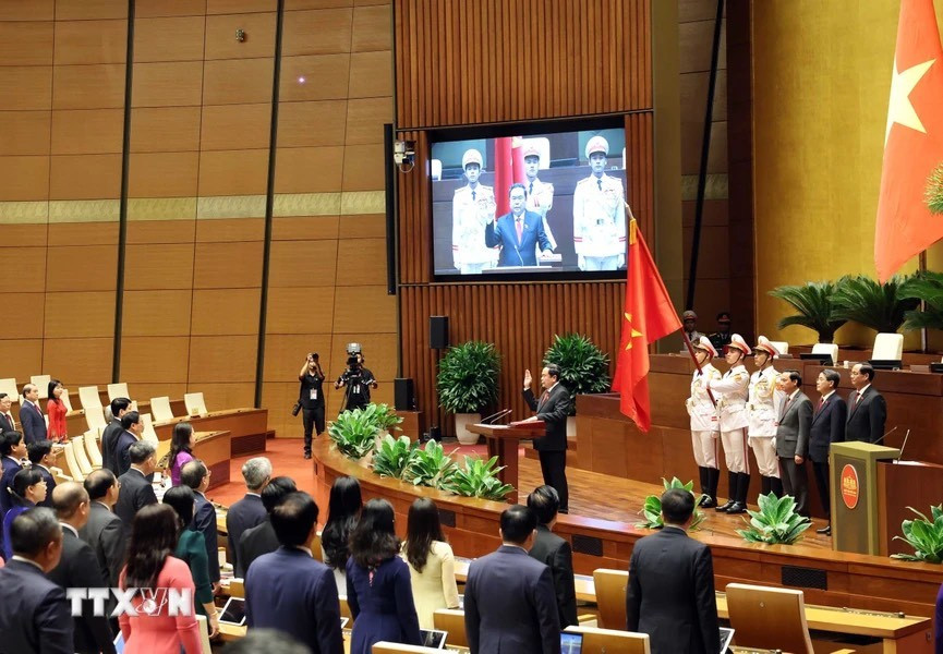 &quot;Đây là niềm vinh dự to lớn, đồng thời là trách nhiệm cao cả của tôi trước Đảng, Nhà nước và Nhân dân,&quot; Chủ tịch Quốc hội Trần Thanh Mẫn phát biểu nhậm chức. (Ảnh: TTXVN)