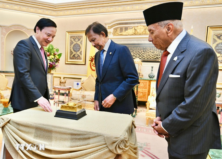 Phó Chủ tịch Quốc hội Nguyễn Khắc Định giải thích về ý nghĩa của món quà tặng Quốc vương, Haji Hassanal Bolkiah. (Ảnh: Hằng Linh/TTXVN) Phó Chủ tịch Quốc hội Nguyễn Khắc Định giải thích về ý nghĩa của món quà tặng Quốc vương, Haji Hassanal Bolkiah. (Ảnh: Hằng Linh/TTXVN)