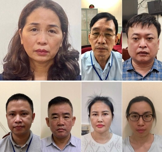 Các bị cáo (từ trái qua phải, từ trên xuống): Vũ Liên Oanh, Ngô Vui, Hà Huy Long, Trần Ngọc Thắng, Vũ Ngọc Minh, Hoàng Thị Thúy Nga, Trần Thị Thanh Xuân. Ảnh: Bộ Công an