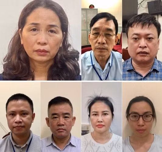 Các bị cáo (từ trái qua phải, từ trên xuống): Vũ Liên Oanh, Ngô Vui, Hà Huy Long, Trần Ngọc Thắng, Vũ Ngọc Minh, Hoàng Thị Thúy Nga, Trần Thị Thanh Xuân. Ảnh: Bộ Công an