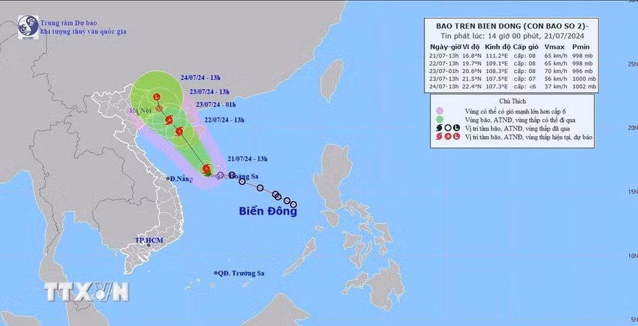 Hướng và đường đi của bão số 2, chiều 21/7/2024). (Ảnh: TTXVN phát)