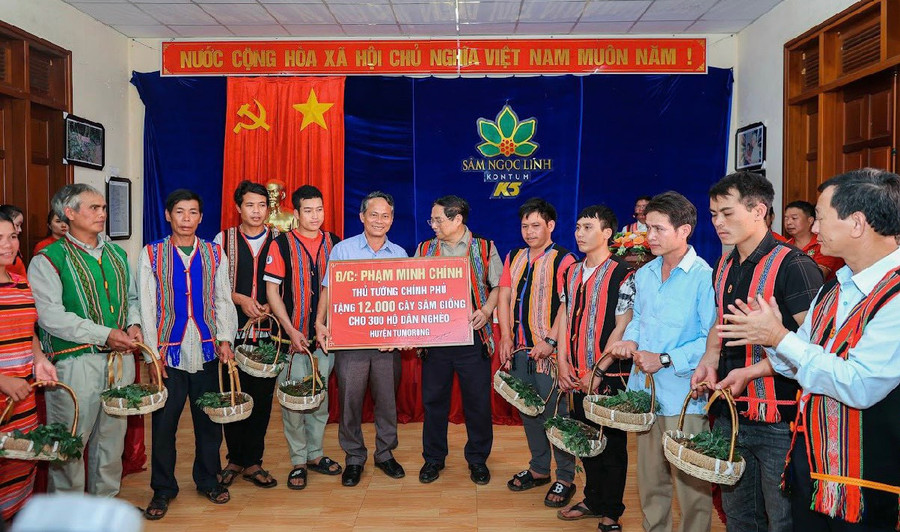 Thủ tướng Chính phủ Phạm Minh Chính tặng cây sâm giống cho hộ nghèo xã Măng Ri, huyện Tu Mơ Rông. Ảnh: CN Thủ tướng Chính phủ Phạm Minh Chính tặng cây sâm giống cho hộ nghèo xã Măng Ri, huyện Tu Mơ Rông. Ảnh: CN