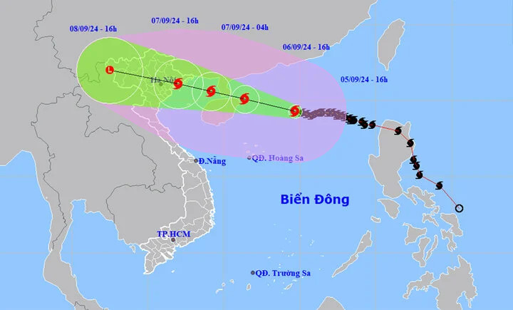 Dự báo siêu bão Yagi sắp đổ bộ đất liền Việt Nam. (Nguồn: NCHMF) Dự báo siêu bão Yagi sắp đổ bộ đất liền Việt Nam. (Nguồn: NCHMF)