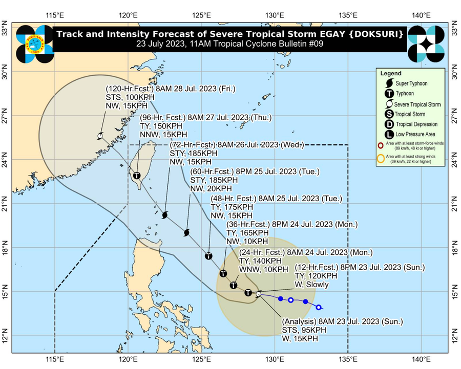 Dự báo đường đi của bão Egay (Doksuri) đến ngày 8h ngày 28.7.2023. Ảnh: PASAGA