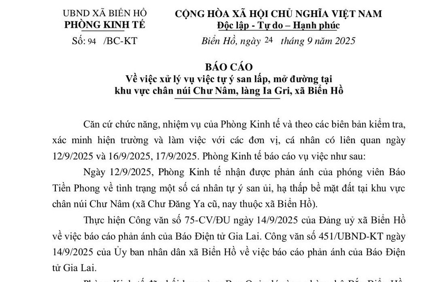 Báo cáo của Phòng Kinh tế xã Biển Hồ. Ảnh: N.T f07fe792c5ab4ff516ba.jpg