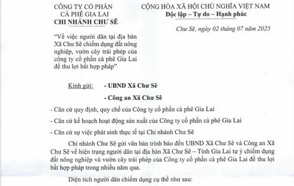 Văn bản của Công ty cổ phần Cà phê Gia Lai-Chi nhánh Chư Sê gửi UBND xã Chư Sê. Ảnh: T.D 08e36cc111b1a7effea0.jpg