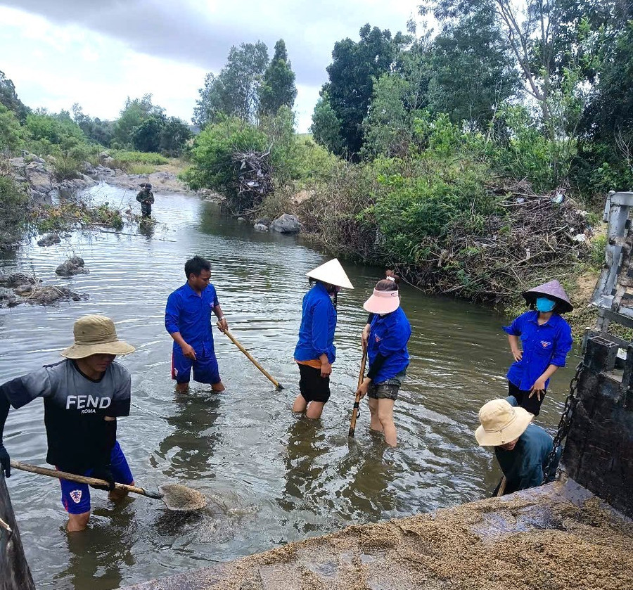 Đoàn viên, thanh niên xã An Thành, huyện Đak Pơ thu gom cát hỗ trợ hộ nghèo xây dựng nhà. Ảnh: Ngọc Minh 6a4cef03cae07fbe26f1.jpg