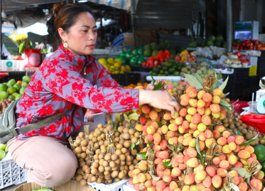 Chị Phạm Thị Như Linh-tiểu thương bán trái cây tại chợ Kbang (huyện Kbang) sắp xếp những chùm vải chín đầu mùa cung ứng khách hàng. Ảnh: Ngọc Minh chi-pham-thi-nhu-linh-tieu-thuong-ban-trai-cay-tai-cho-kbang-huyen-kbang-sap-xep-nhung-chum-vai-chin-dau-mua-cung-ung-khach-hang-anh-ngoc-minh.jpg