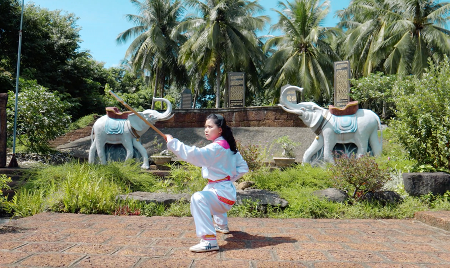 Em Võ Thị Ngọc Xuân tập luyện cho tiết mục Thái Sơn côn. Ảnh: ĐVCC vo-co-truyen-hoai-nhon.png