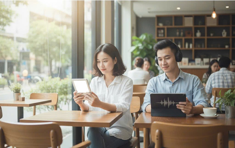 Ngày càng nhiều người trẻ sử dụng sách nói và sách điện tử bởi những ưu điểm của nó. Ảnh: Minh Thư ai-sach-noi.jpg