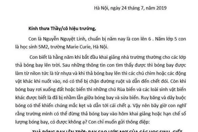 Cô bé lớp 6 viết thư đề nghị không thả bóng bay dịp khai giảng