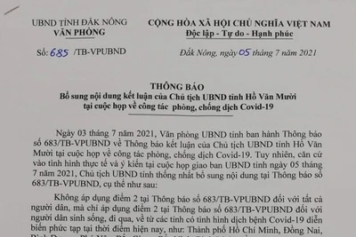 Điều chỉnh văn bản người dân đi - đến Đắk Nông phải có xét nghiệm âm tính Covid-19