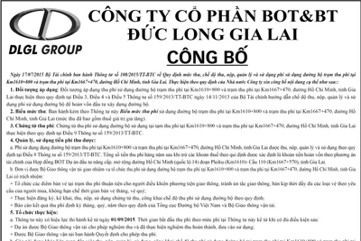 Công ty cổ phần BOT&BT Đức Long Gia Lai công bố