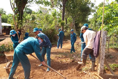 Dân quân tự vệ giúp dân dọn vệ sinh đường làng