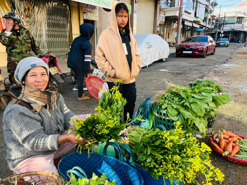 Chị Puih H'Chi (làng Ngol, phường Trà Bá, TP. Pleiku) bán rau xanh trong ngày mùng 3 Tết. Ảnh. Đinh Yến rau-1.jpg
