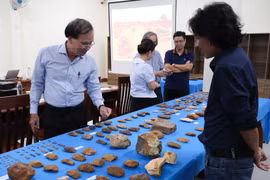 Các nhà khoa học trao đổi bên lề hội nghị giá trị của hiện vật đá phát hiện tại di tích khảo cổ Plei Ring. Ảnh: Hoàng Ngọc