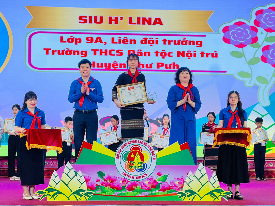 Em Siu H’Lina (ở giữa, lớp 9A, Liên đội trưởng Trường THCS Dân tộc Nội trú huyện Chư Pưh) cảm thấy tự hào khi được tham dự Đại hội Cháu ngoan Bác Hồ toàn quốc. Ảnh: M.N aa7d9f025a7799dc2868dd09dbfe8772.jpg