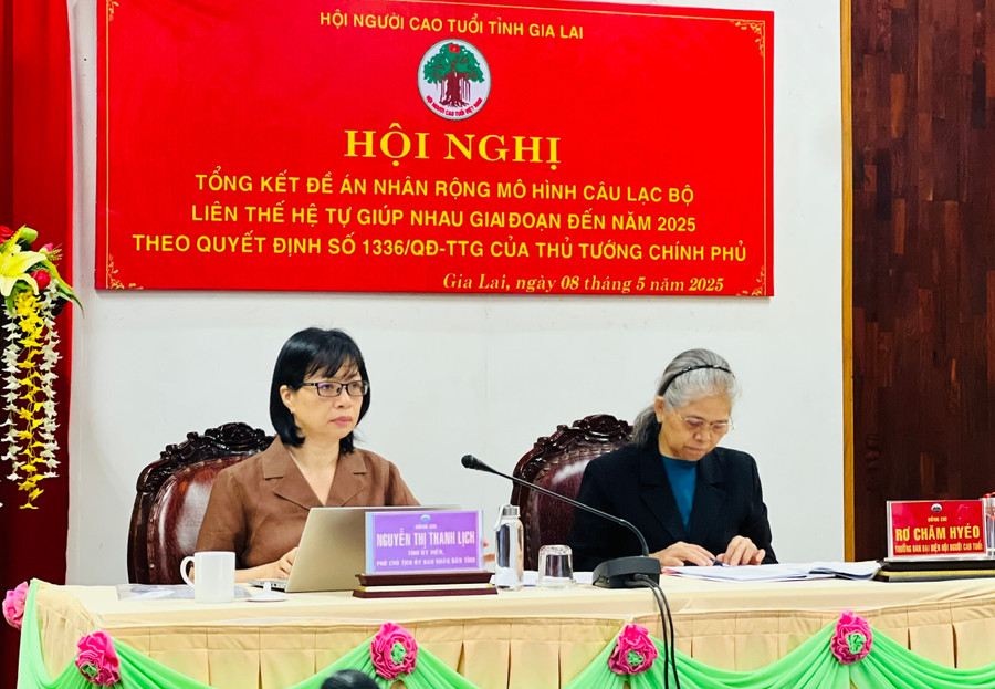 Phó Chủ tịch UBND tỉnh Nguyễn Thị Thanh Lịch (bìa trái) và bà Rơ Châm Hyéo-Trưởng ban Đại diện Hội Người cao tuổi tỉnh Gia Lai chủ trì hội nghị tại điểm cầu Gia Lai. Ảnh: P.L 6afda23cae3f92380b5b887c15f50df1.jpg