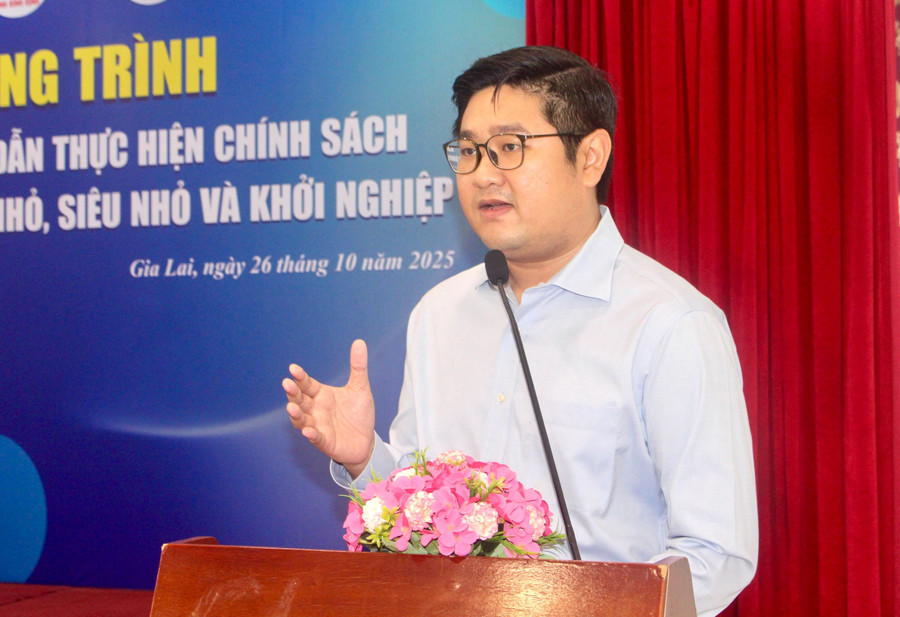 Anh Vũ Hồng Quân-Chủ tịch Hội Doanh nhân trẻ Bình Định phát biểu tại chương trình. Ảnh: P.L anh-vu-hong-quan-chu-tich-hoi-doanh-nhan-tre-binh-dinh-ky-ket-ban-ghi-nho.jpg